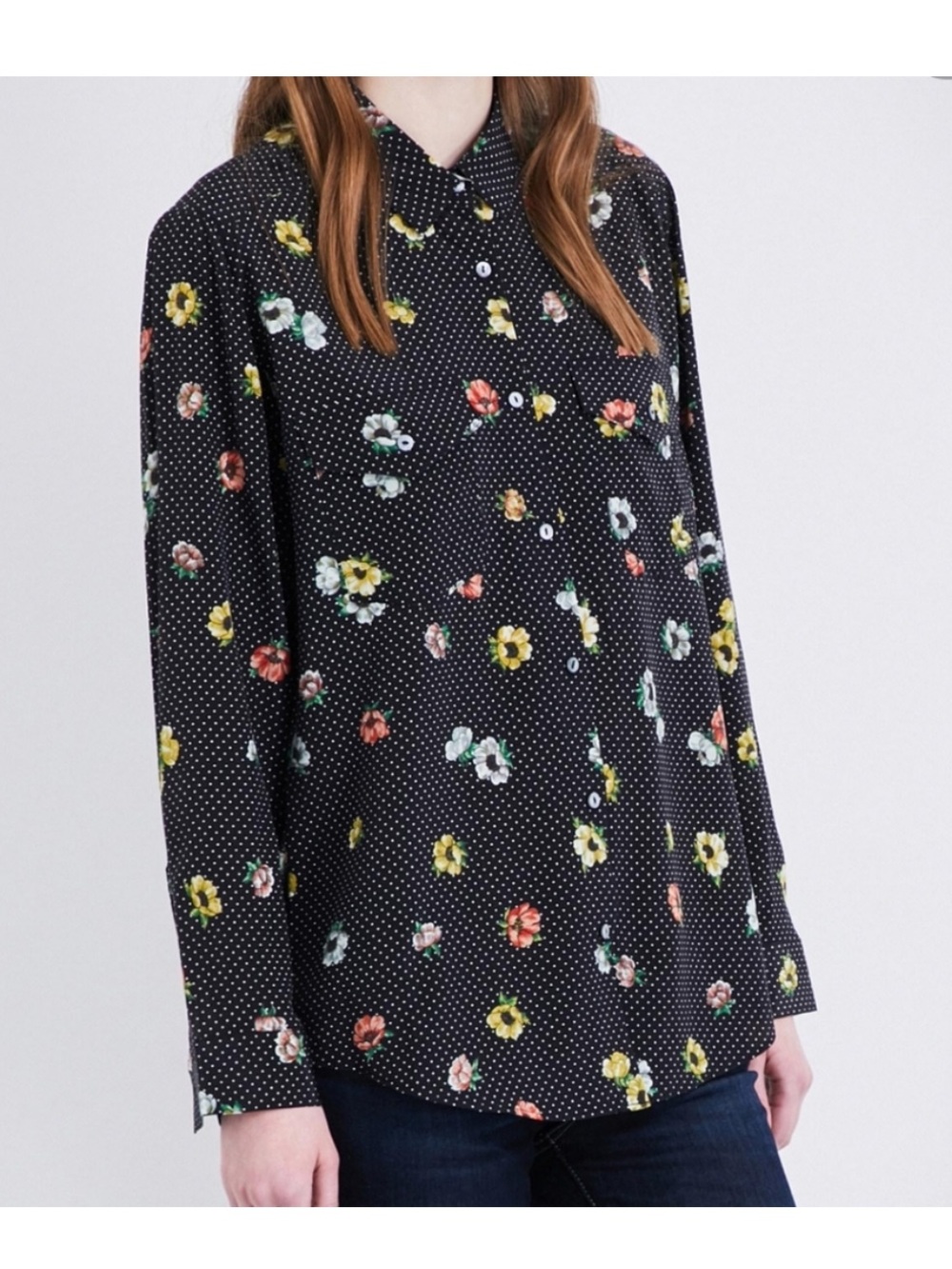 The Kooples Camelia Polka Dot Floral Silk Button Down Blouse S